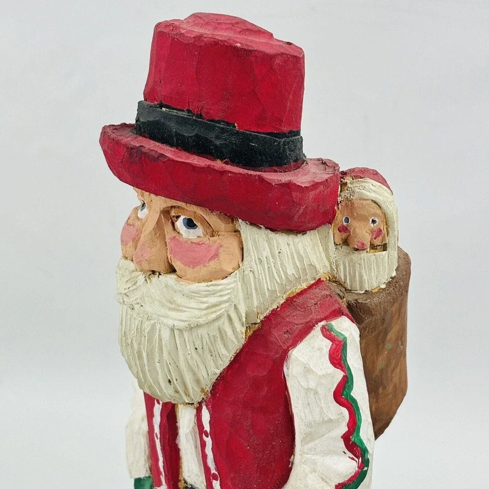 Vintage Wood Santa & Bag Figure Hand‎ Carved Handmade Painted Signed Slim 92